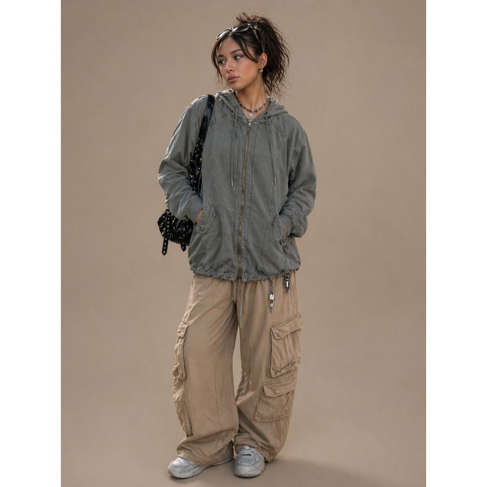 American Eagle Y2K Utility Military Jacket Hooded Olive Lyocell Anorak Small‎